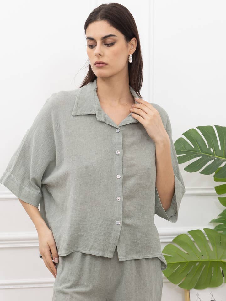 Camisa curta de algodão com efeito linho por atacado de Happy look