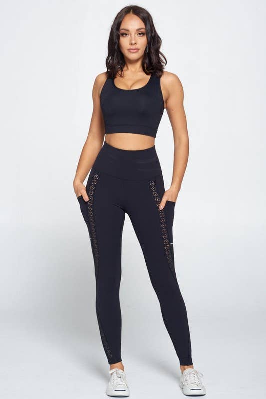 Negro Conjunto de leggings y top de sujetador negro de venta al por mayor en Faire0