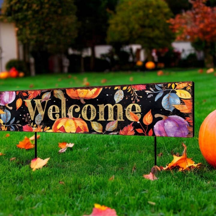 36" Black Orange And Purple Welcome Halloween Garden Stake for wholesale by HomeRoots