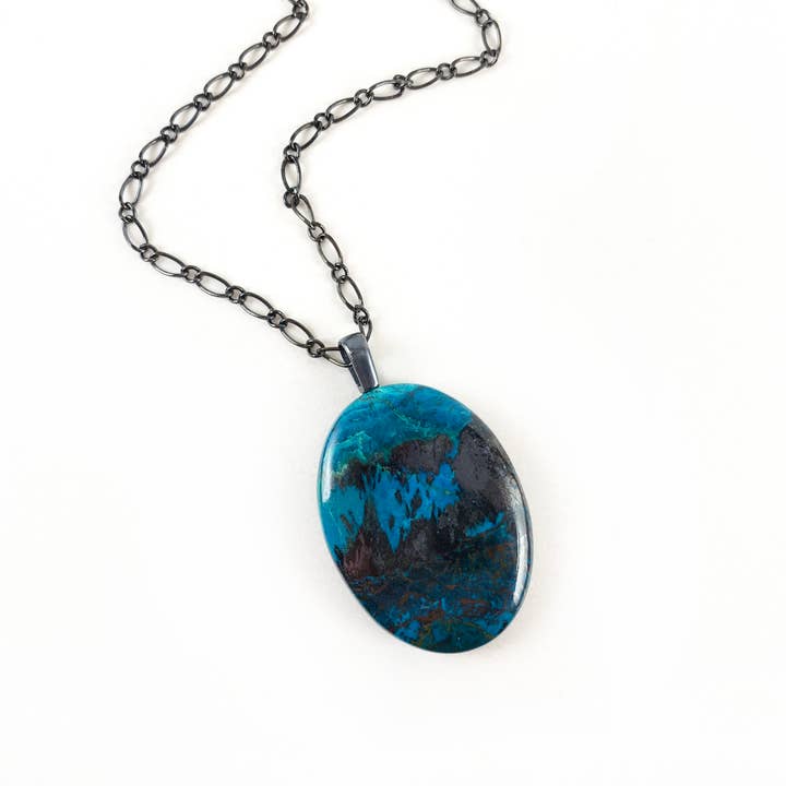 Colar de Azurita Crisocola com Corrente de Metal Gunmetal (SKU 150-3) por atacado de GEOFOX Wares of the Earth