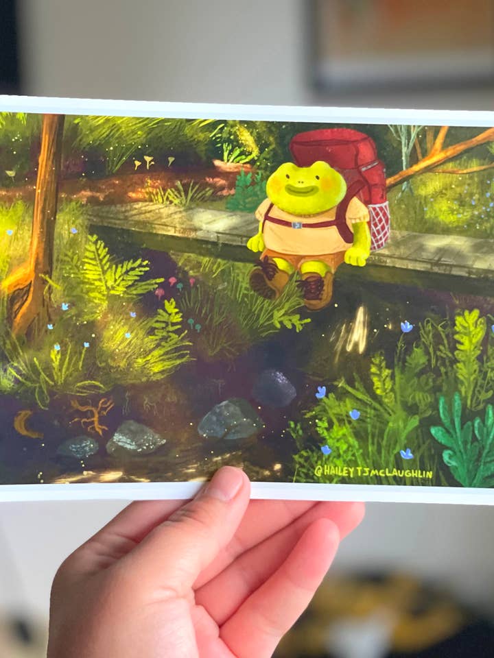 Frog Hiker Postcard Print for wholesale by Hailey McLaughlin Illustrations