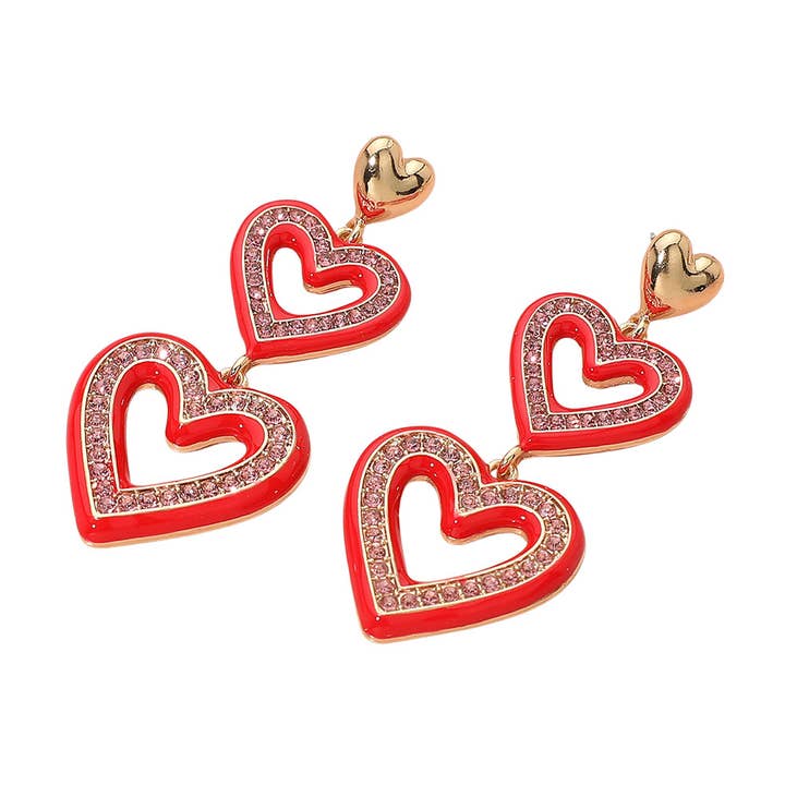 Sensibling Corp. - Wholesale Dangle Earrings - Rhinestone Paved Enamel Open Double Heart Link Drop Earrings3