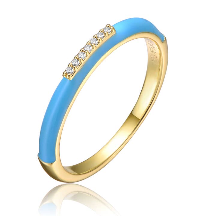 Kids/Teens 14k Yellow Gold Plated with Cubic Zirconia Blue Enamel Slim Stacking Band Ring for wholesale by Genevive
