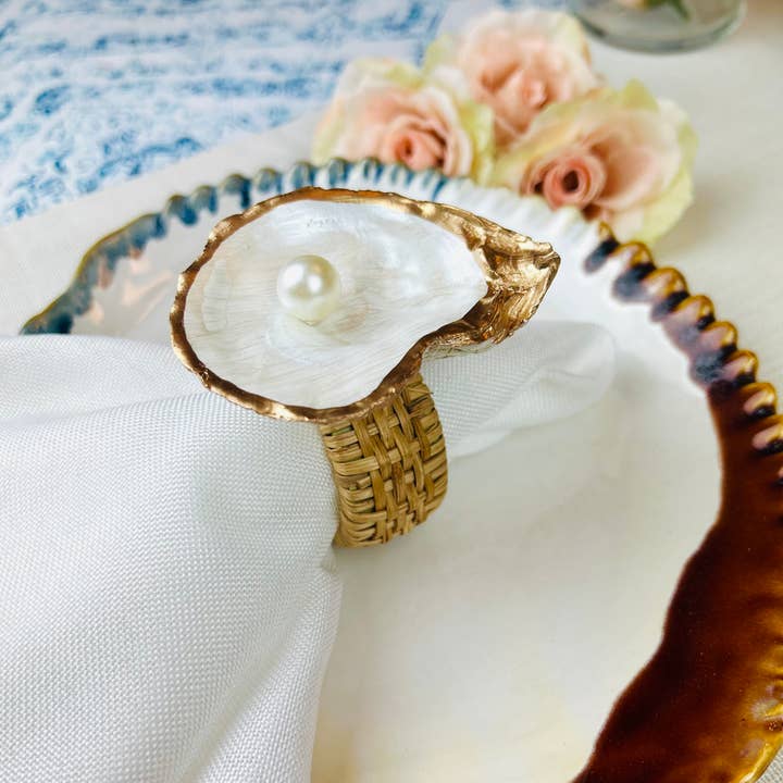 Willett and Co - Wholesale Napkin ring - Pearl Oyster Shell w/ Pearl Embellished Rattan Napkin Rings1