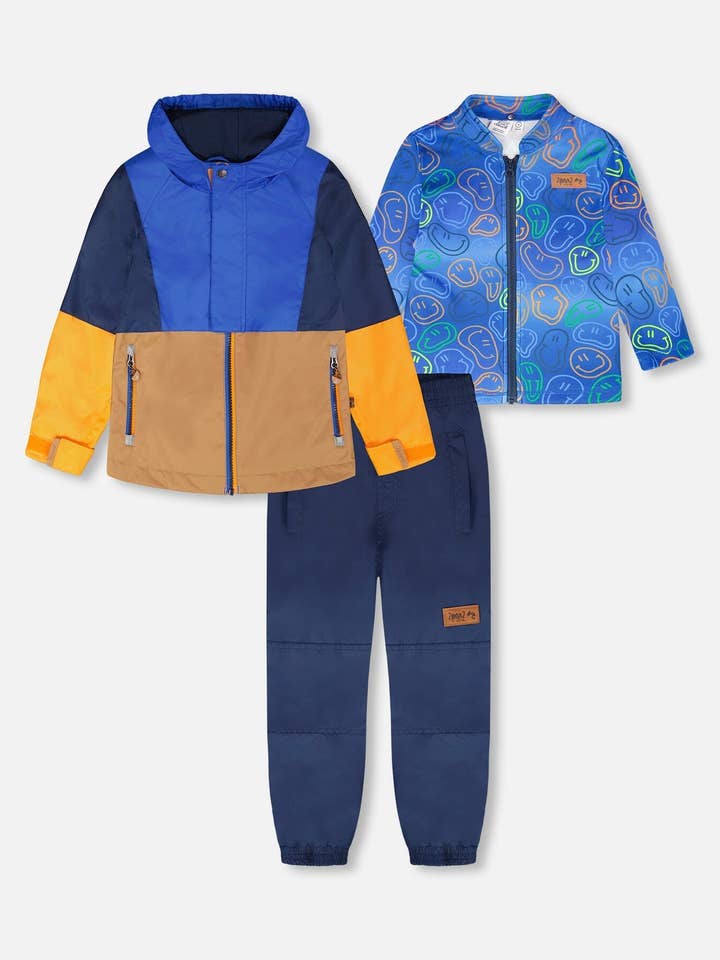 3-In-1 Two-Piece Mid-Season Outerwear Set Blue Colorblock for wholesale by Deux par Deux