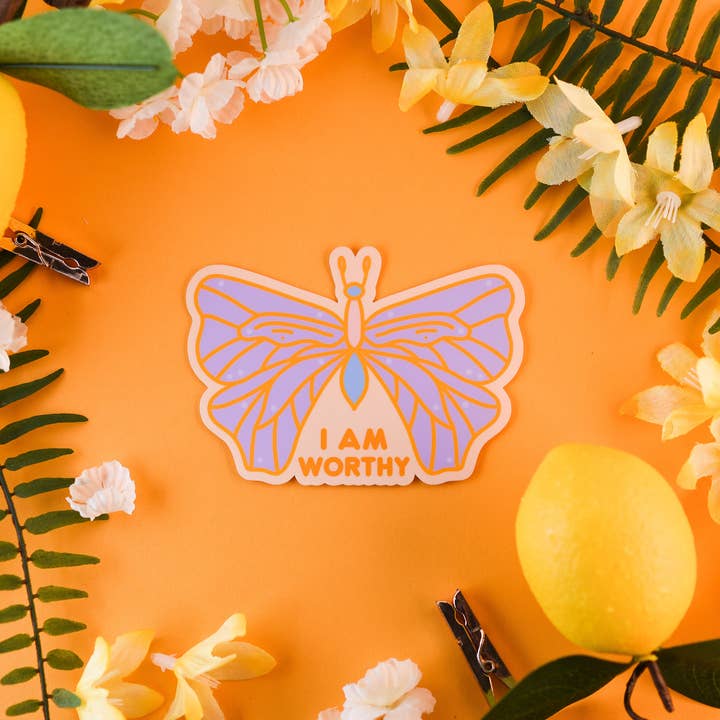 Worthy Butterfly Sticker for wholesale by Sunglow Paper Co.
