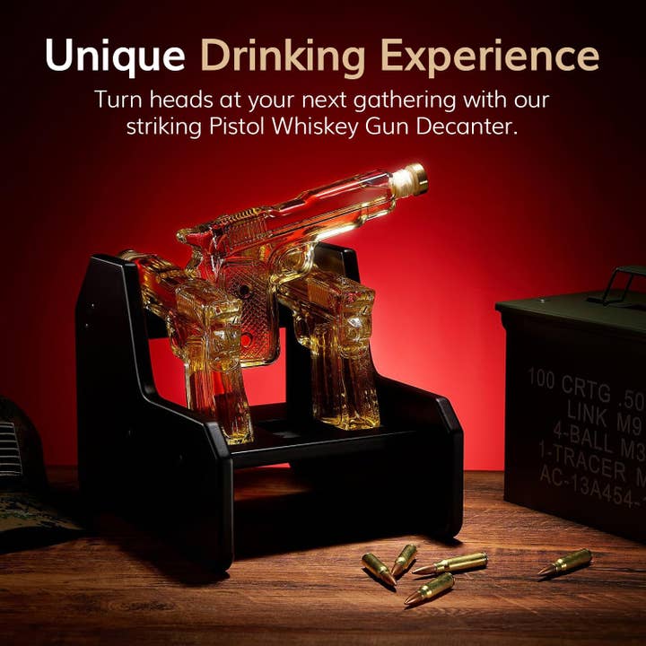 The Wine Savant / Khen Glassware - Wholesale Decanter - Whiskey Decanter Set, 3 Pistol Gun & Wooden Stand, 7.7oz2