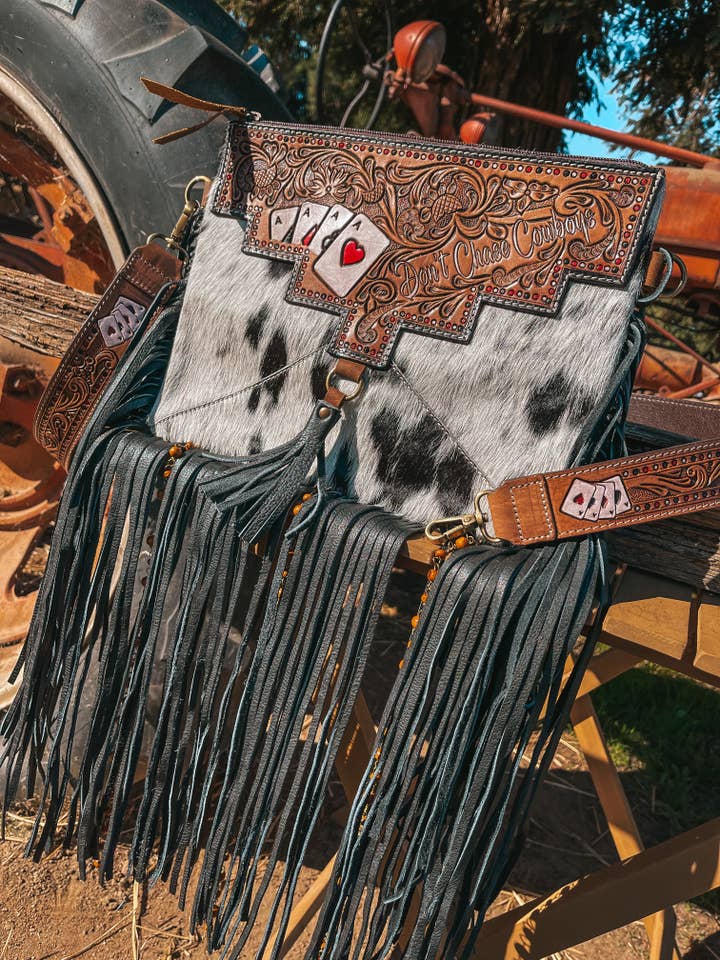 Don't Chase Cowboys Aces Cards Cowhide Purse for wholesale by Haute Southern Hyde
