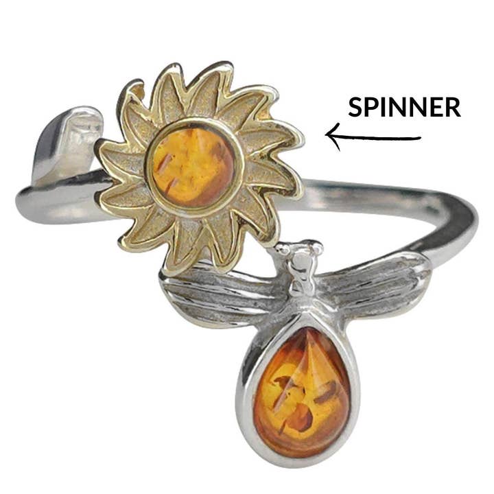 Bague ajustable fleur/abeille en argent plaqué or ambré Spinner pour la vente par Amberman
