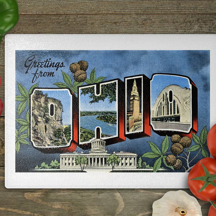 Ohio Postcard Cutting Board Charcuterie Cheese Board for wholesale by Daisy Mae Designs