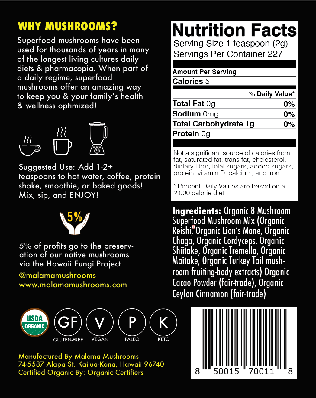 Malama Mushrooms - Wholesale Proteïne/superfoodpoeder - 8 Paddenstoelen Cacao Mix - 16 oz Biologisch2