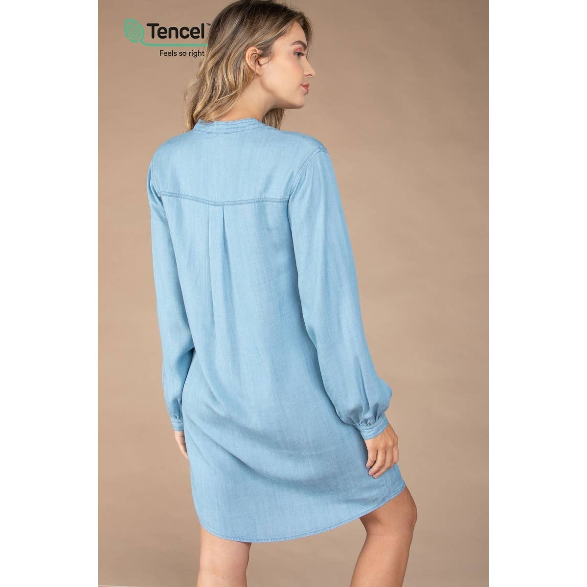 Light Blue Mandarin Collar Tencel Shirt Dress for wholesale on Faire1