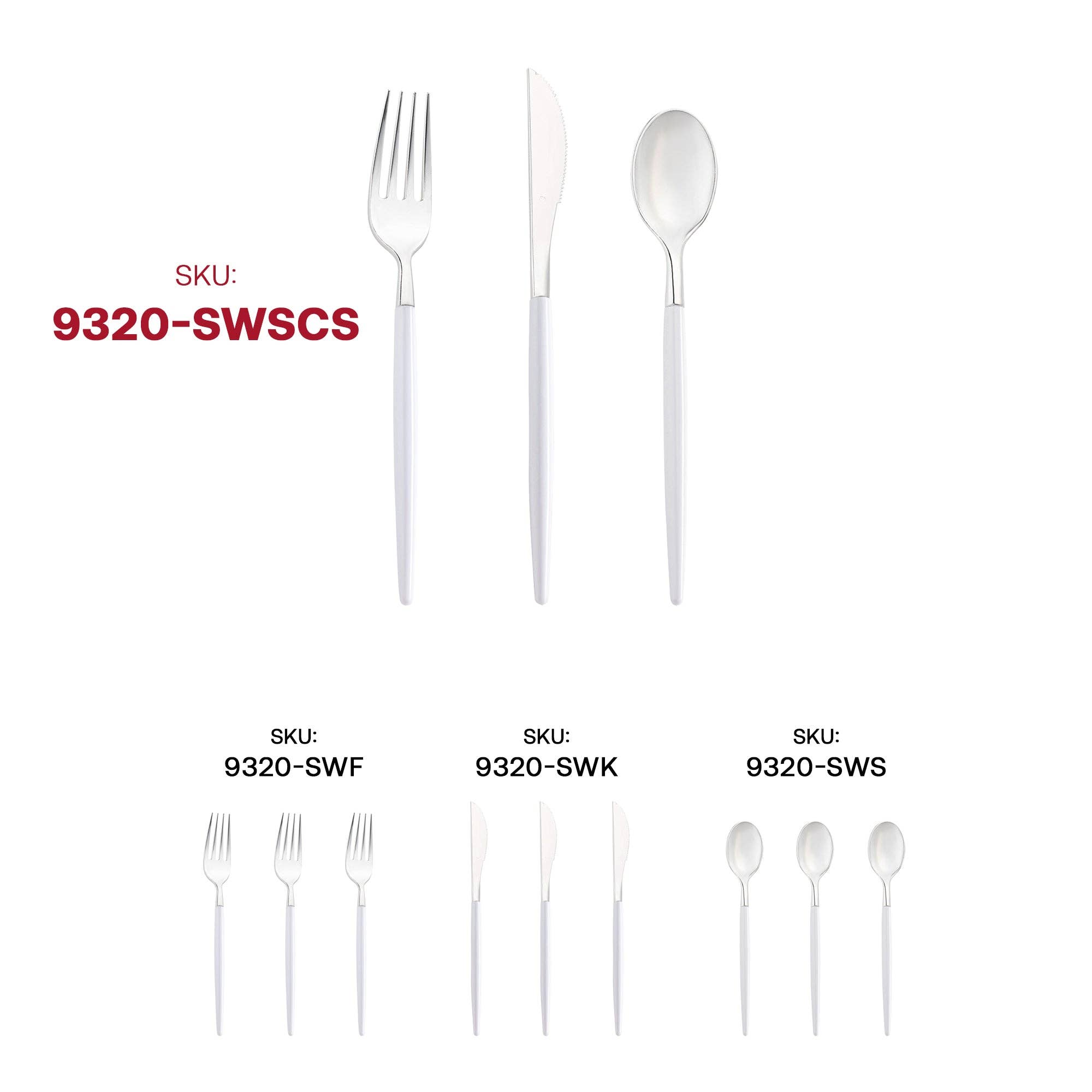 Smarty had a Party – wholesale Blandat bestickset – Silverfärgad plastbestick med vitt handtag - 240 gäster4