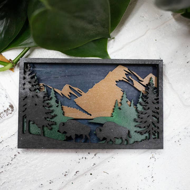 Laser Cut Bison in a Forest, Buffalo 3D Diorama, Handmade Mountain Scene for wholesale by The McGarvey Workshop