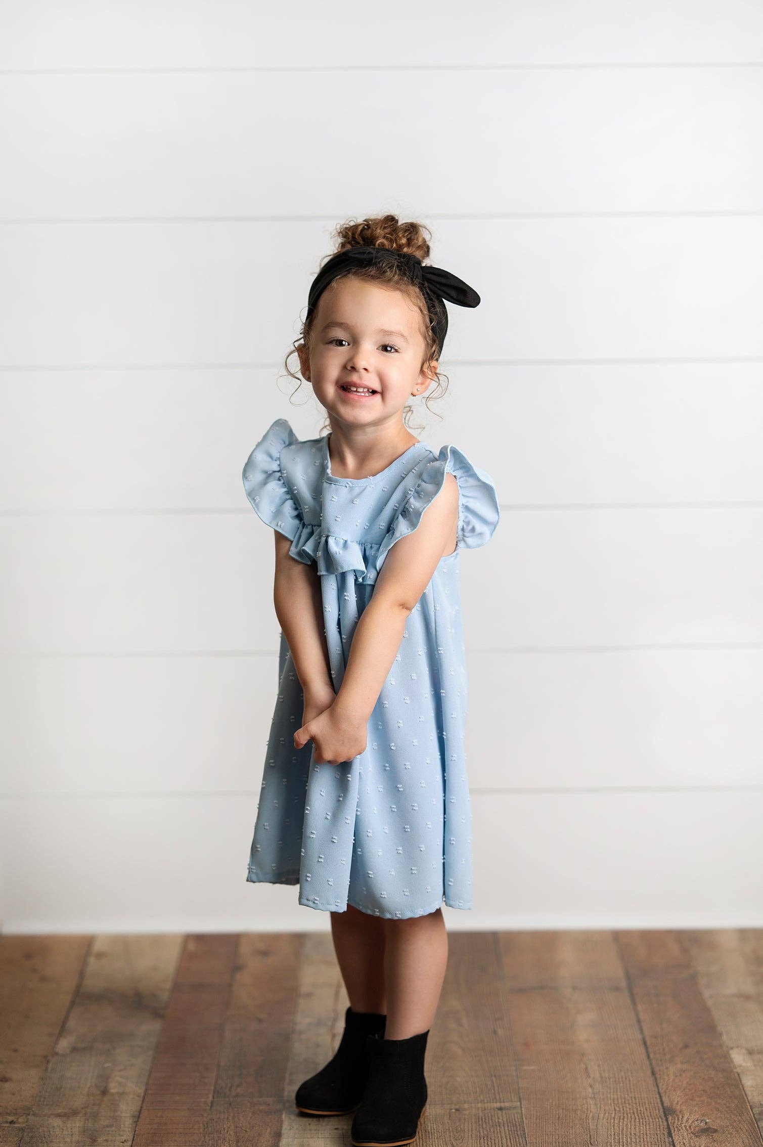 Wren & James - Wholesale Dress - Kids - Girls Dusty Blue Ruffle Bib Swiss Dot Spring Summer Dress4