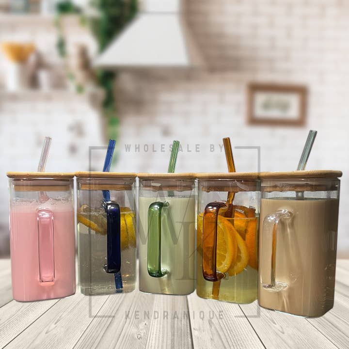 Wholesale By Kendranique - Wholesale Drinking Glass/Cup - 20 oz Square glass with matching handle and glass straw