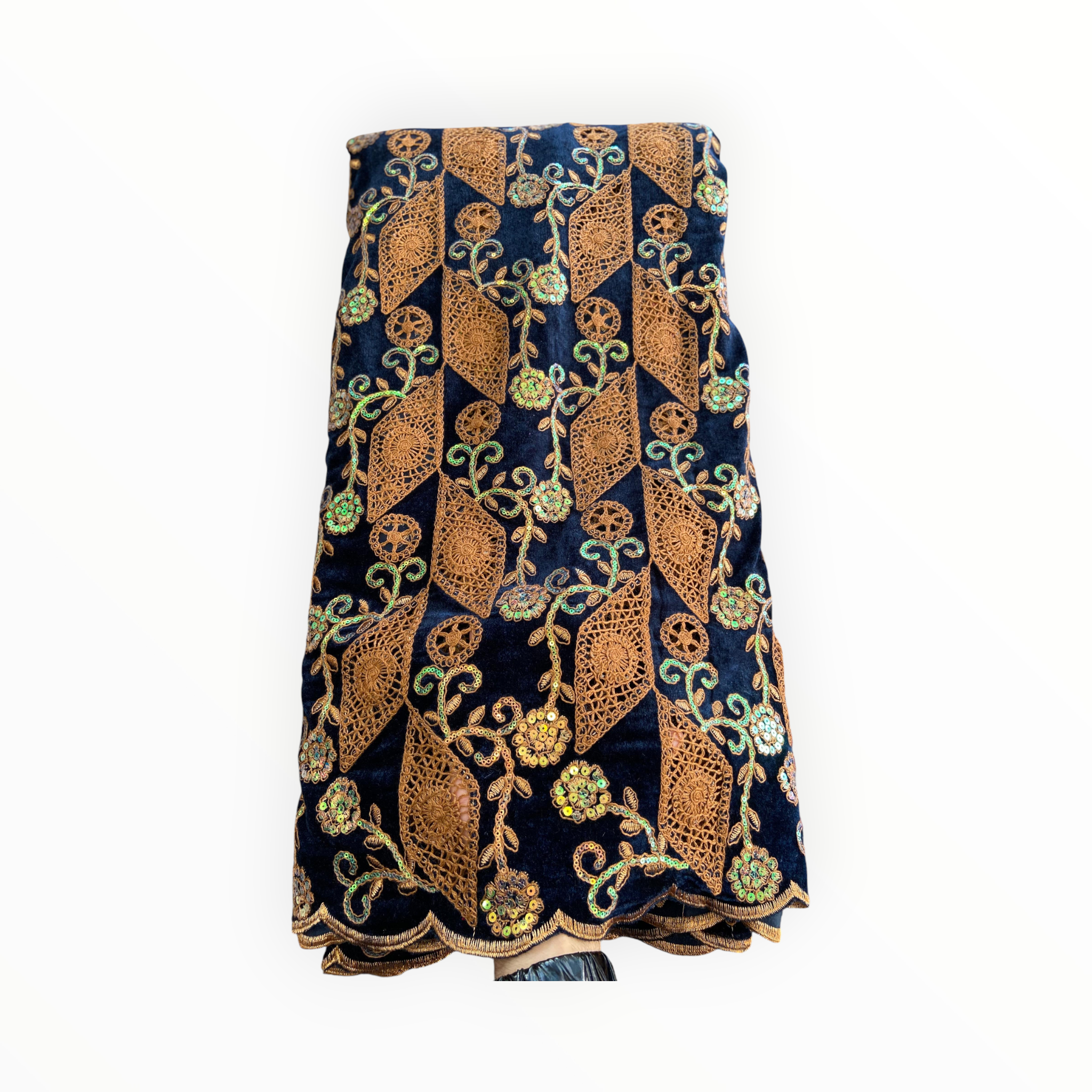 City Fabrics – wholesale Craft supplies – Luxury Velvet Lace Fabric in Navy / Brown – 5 Yards Piece1