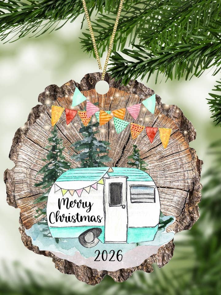 Merry Christmas 2026 Camper Ornament Wood Slice Shape for wholesale by SHY Designs, LLC