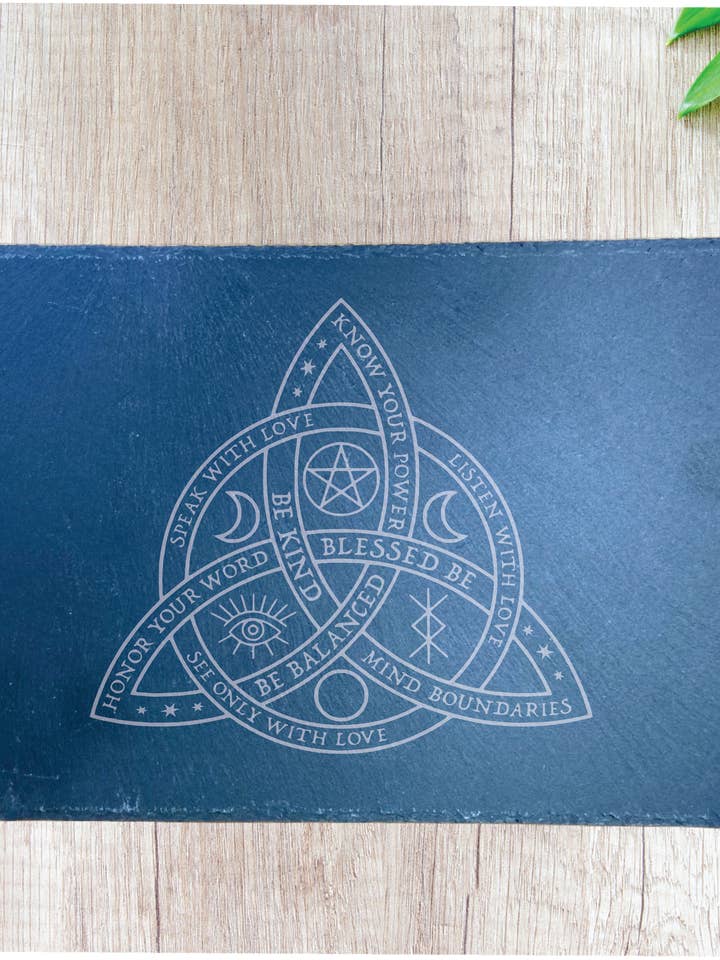 12" Engraved Slate Witchy Triquetra Trivet Hot Plate for wholesale by Three Witches Tea Shop