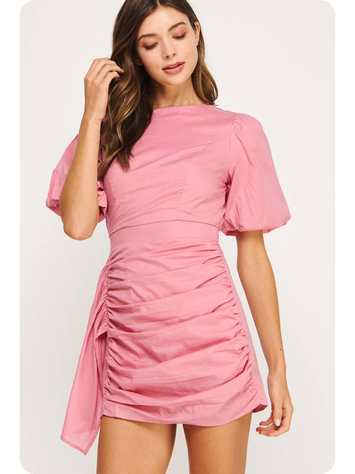 Strut & Bolt - Wholesale Dress - Women's - Ruched Short Puff Sleeve Voile Mini Dress9