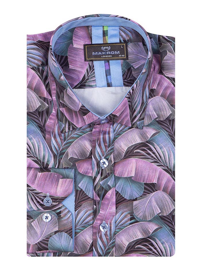 Camisa morada con estampado de hojas tropicales para venta al por mayor de Makrom