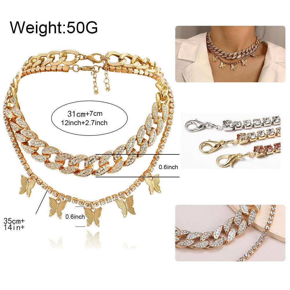 Mio Queena - Venta al por mayor Juegos de joyas - Juego de 2 collares con cadena y colgante de mariposa con pedrería4