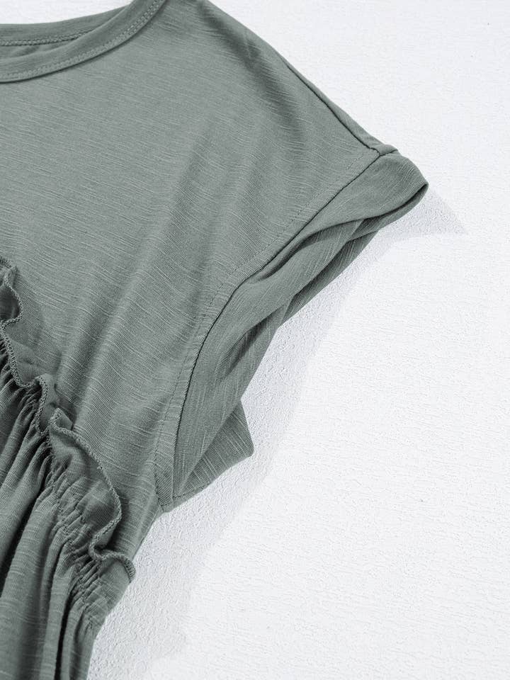 Mist Green Frilled Gathered Seam Round Neck T Shirt Dress for wholesale on Faire13