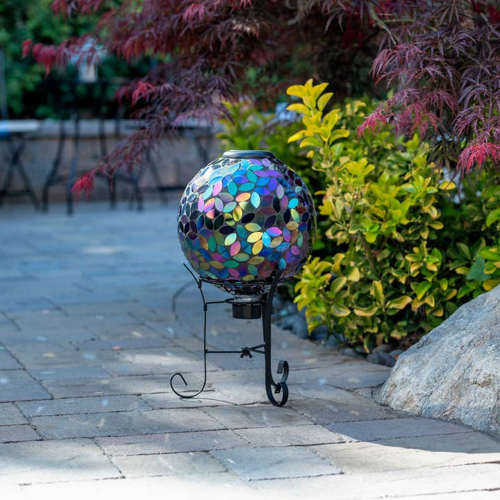 Alpine Corporation - Wholesale Outdoor Ornament/Decor - Alpine Solar Mosaic Leaves Purple Gazing Globe with Stand