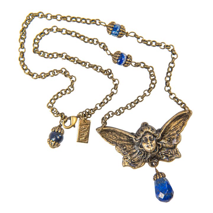 NoMonet - Vente Colliers à pendentif - Collier vintage en laiton - Ange papillon avec lapis2