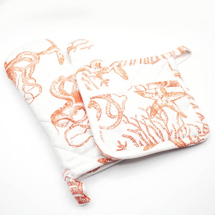 Coral Octopus Oven Mitt Set for wholesale by 8 Oak Lane
