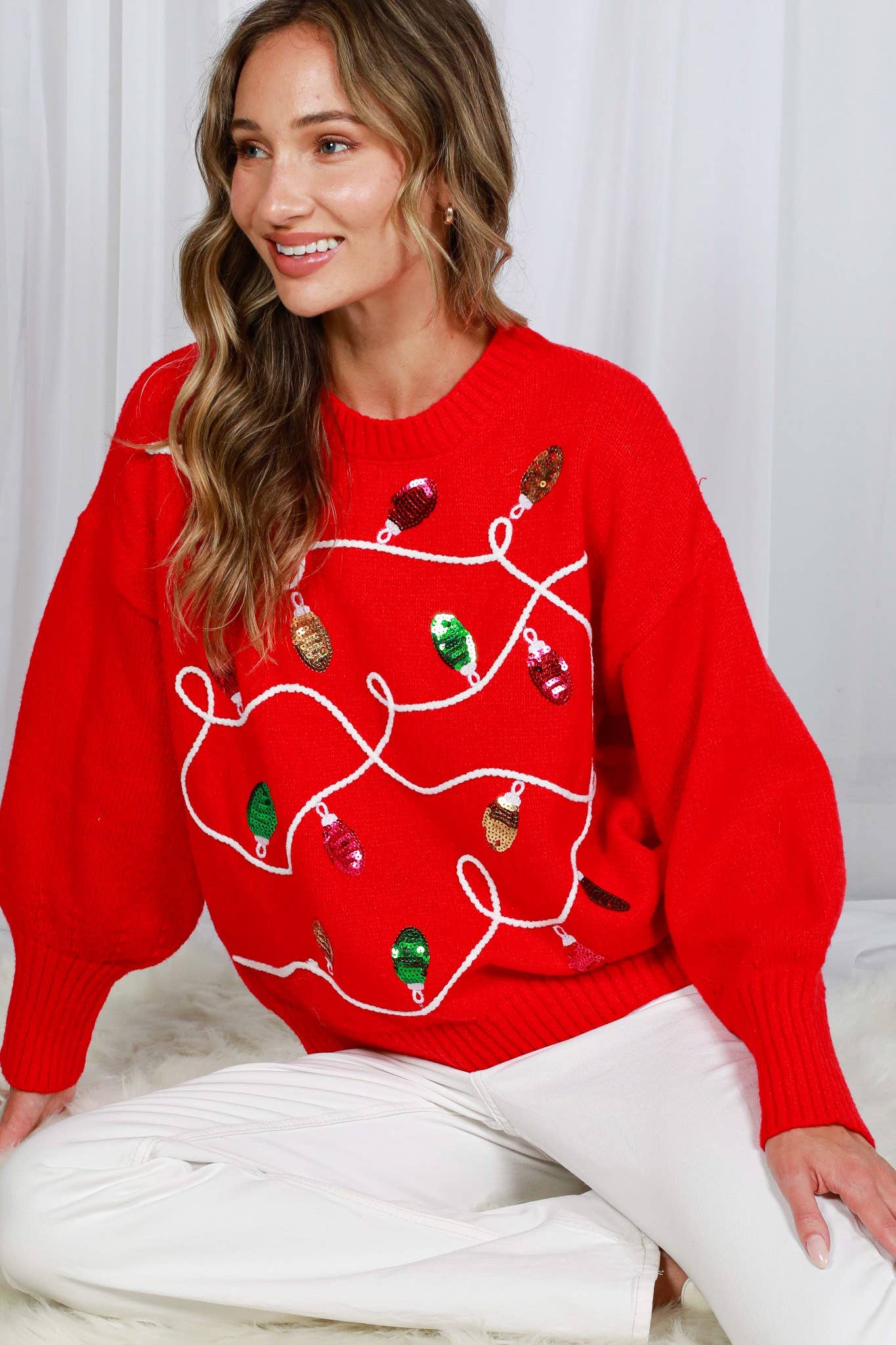 Vine & Love - Wholesale Knit Sweater - Women's - Colorful Christmas-Light Embellishment Cozy Sweater VT8225915