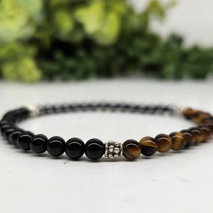 Meraki Gemstones - Wholesale Beaded Bracelet - TRIPLE PROTECTION - Hematite/Tiger Eye/Black Obsidian 4MM