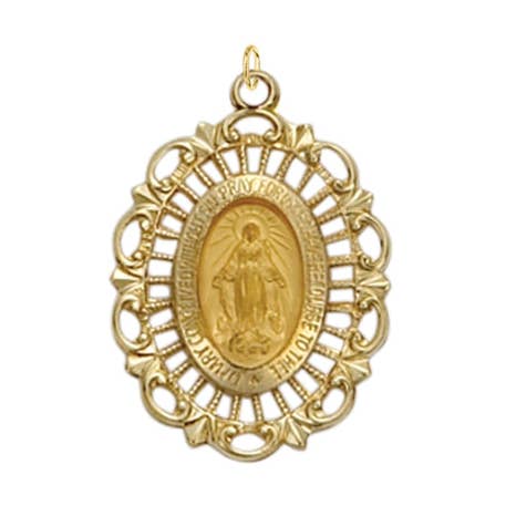 7/8 Inch 14KT Gold Oval with Polished Border Filigree Miraculous Medal for wholesale by NYMAN JEWELERS