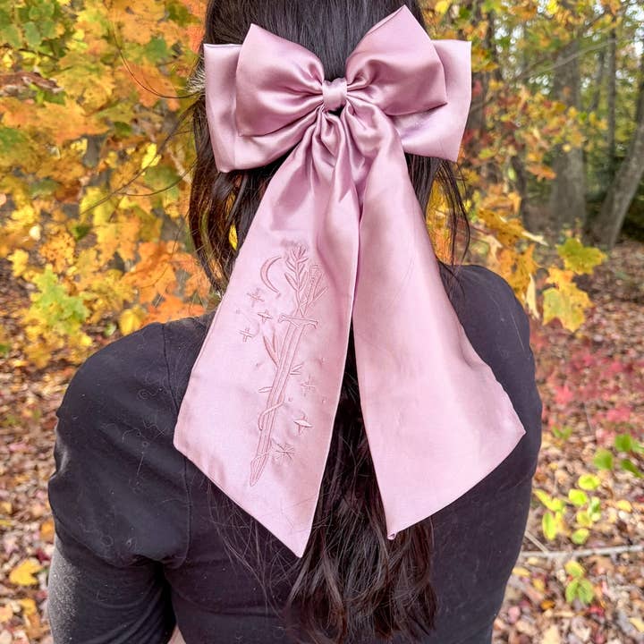 Blissfully Bookish Company - Wholesale Hair Bow - Women's - Sword Hair Bow Clip | Embroidered Bookish Satin Bow2