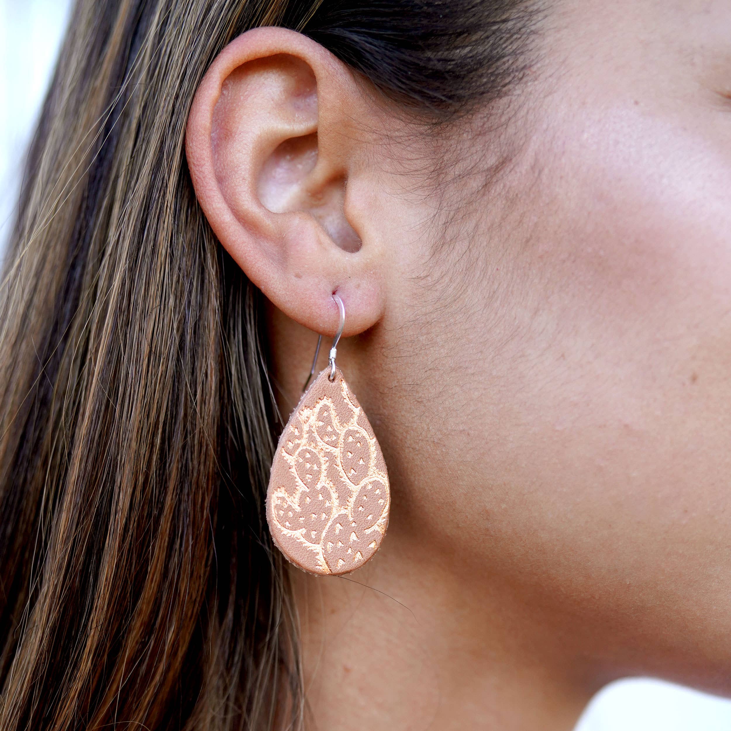 OneWild - Wholesale Dangle Earrings - Prickly Pear Cactus - Metallic Leather Embossed Earrings2