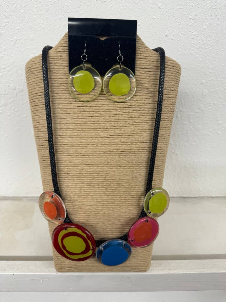 BLACK WAX CORD WITH 5 MULTI COLOR ROUND RESIN NECKLACE SET for wholesale by International Duru's