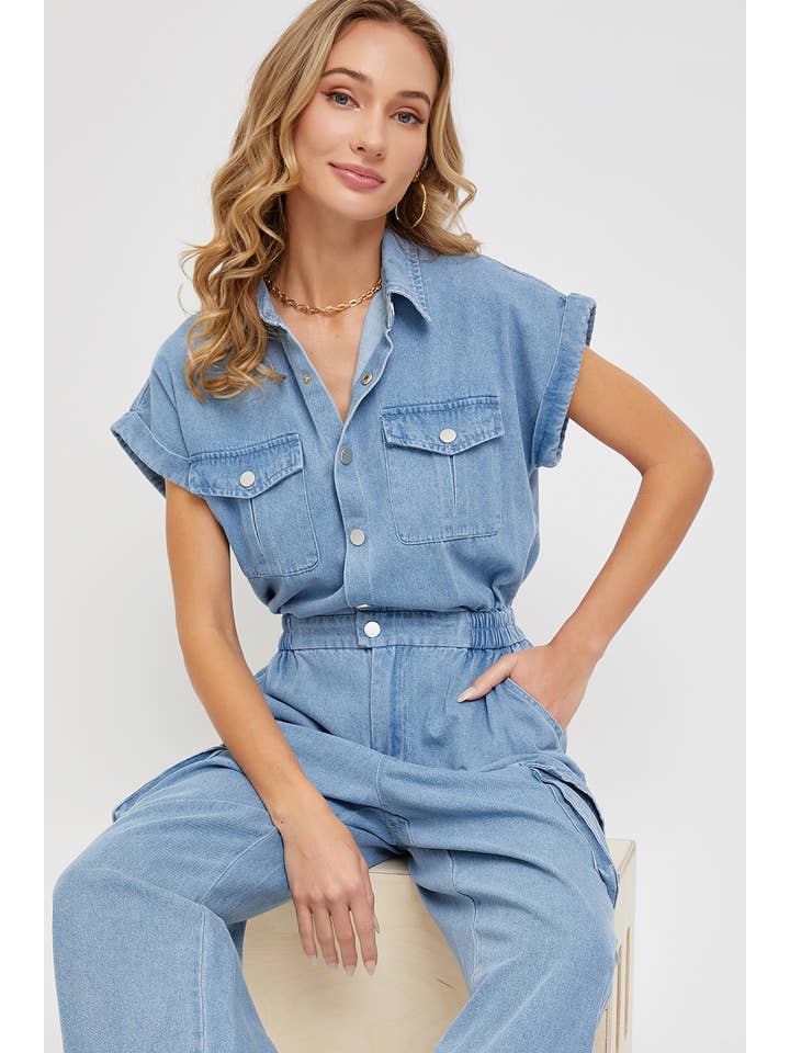 DENIM CARGO ONE-PIECE JUMPSUIT for wholesale on Faire