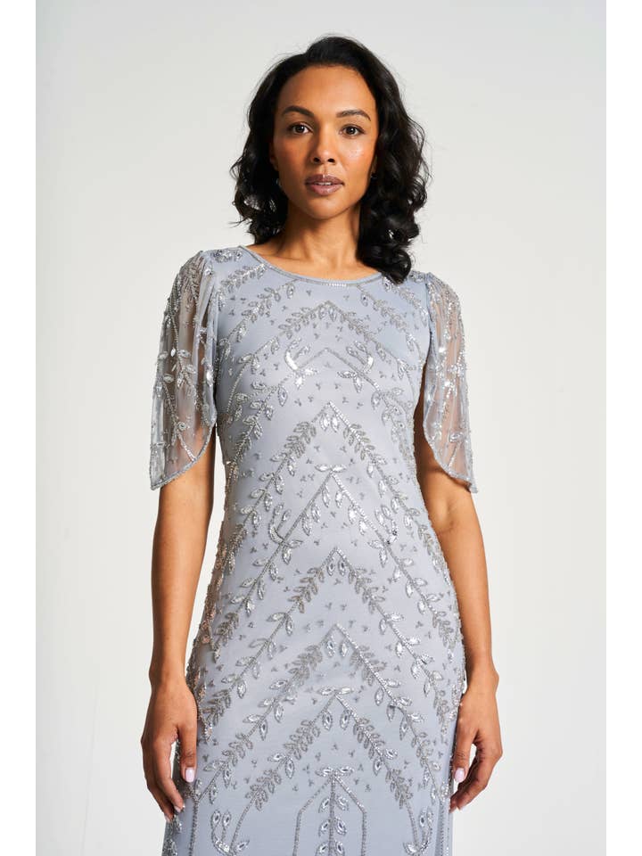 Titania Cloud Blue Embellished Maxi Dress for wholesale on Faire