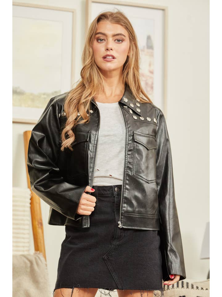 BLACK Faux Leather Studded Jacket J10249-1 for wholesale on Faire