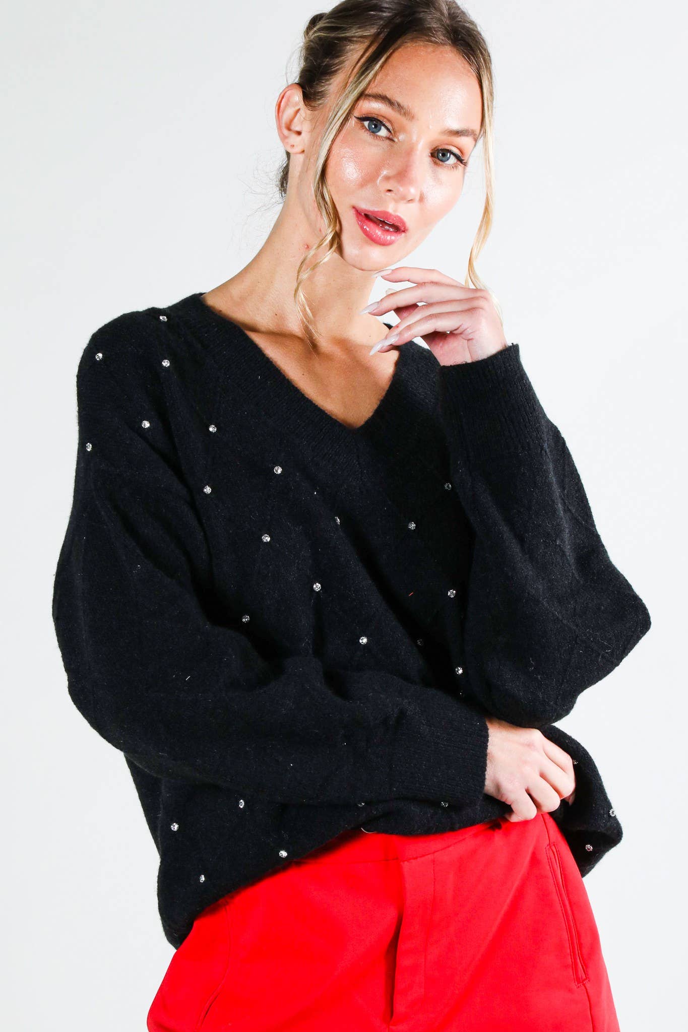 Vine & Love - Vendita all'ingrosso Maglione tricot - Donna - Maglione a maglia con scollo a V e accenti di strass a rombi VT81546-5