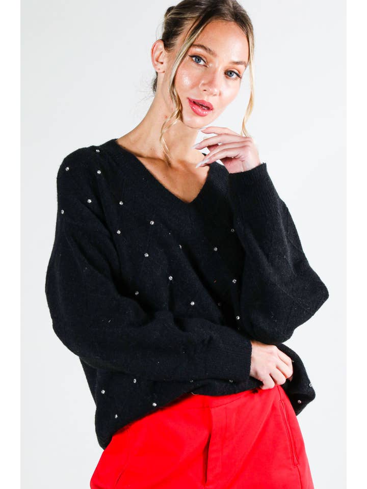 Vine & Love - Wholesale Knit Sweater - Women's - V-Neck Rhinestone Accent Argyle Knitted Sweater Top VT81546-5