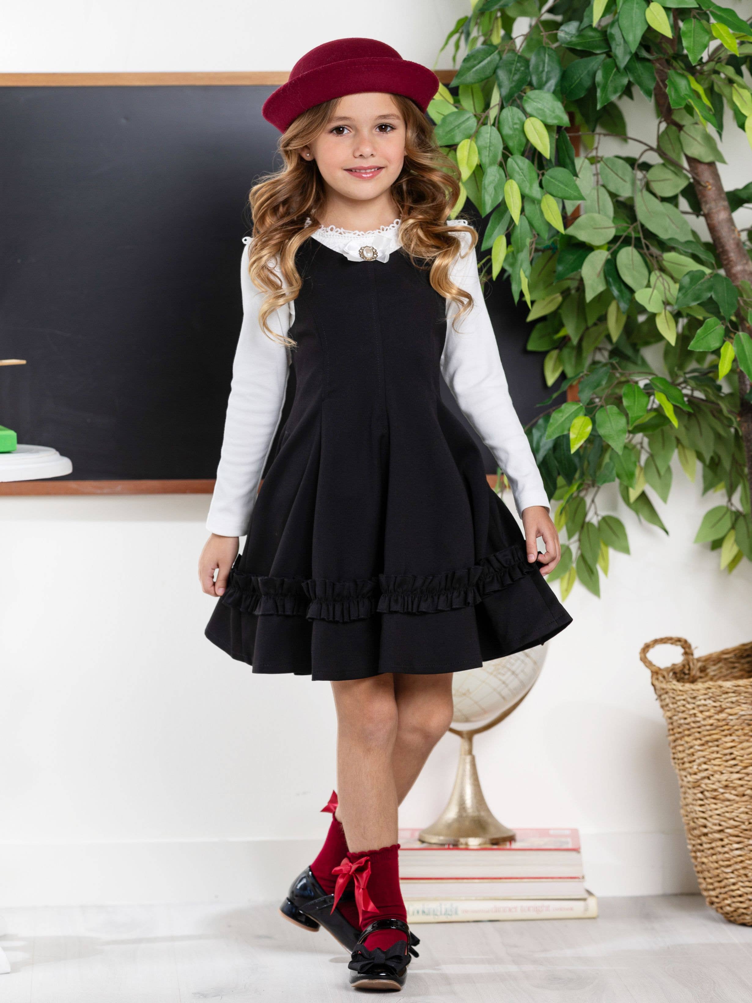 Black  Classic Elegance Ruffle Jumper Dress By Kids Couture for wholesale on Faire0