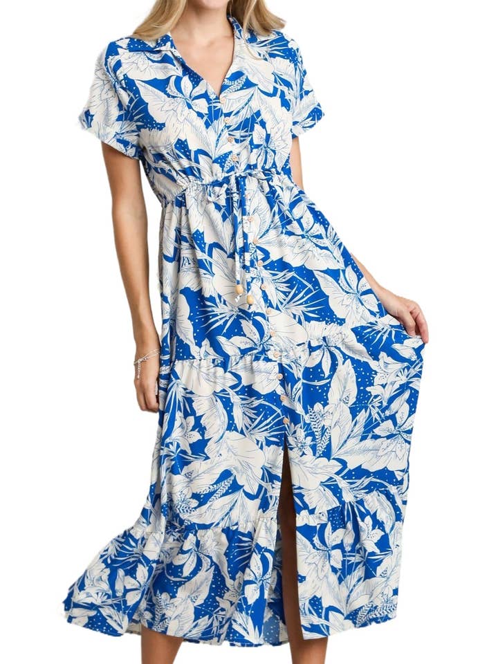 Robe midi à imprimé floral avec col et fente latérale pour la vente par Vanilla Monkey
