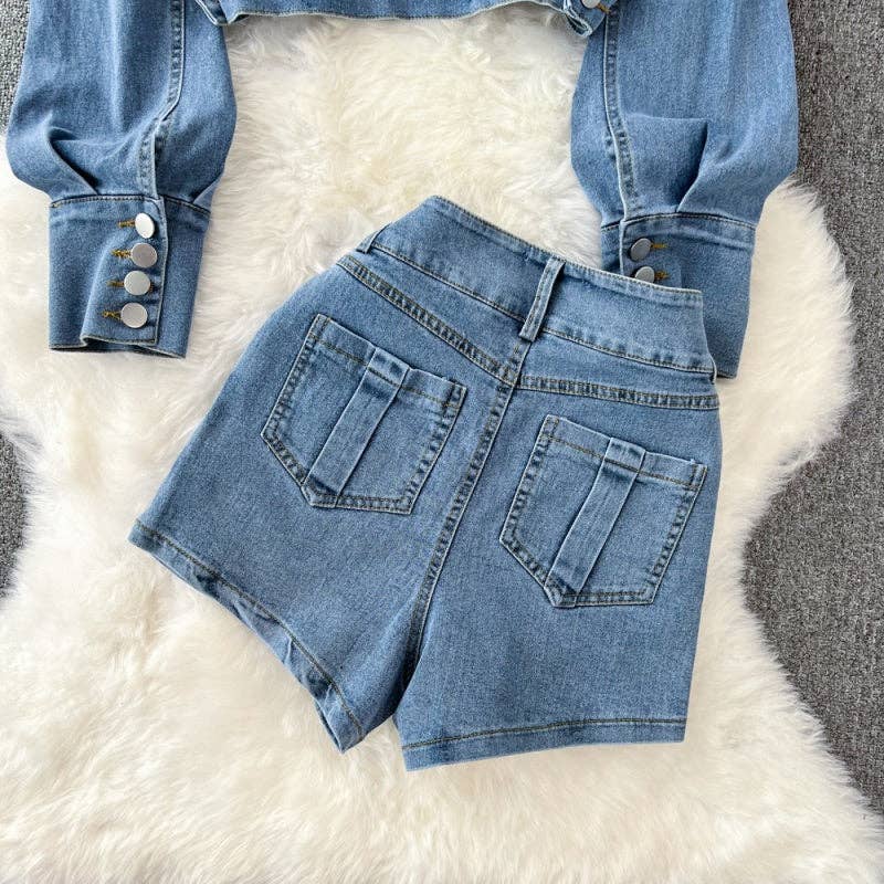 BLUE Cropped Denim Jacket and High-Rise Shorts Set for wholesale on Faire6