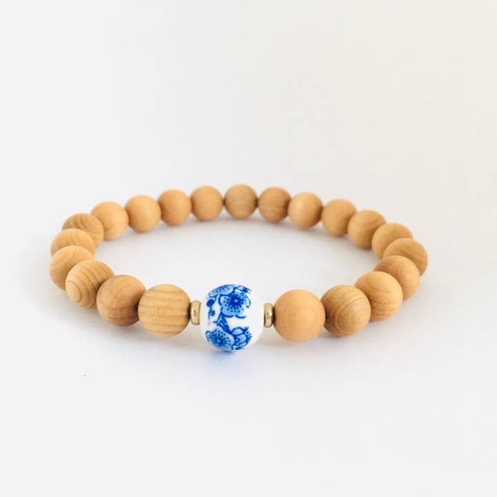 Natural Thuja Wood & Blue Flower Enamel Bead Bracelet for wholesale by HL Stacks