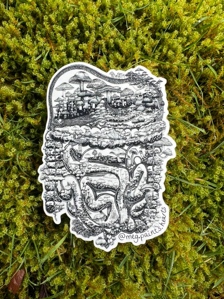 Mushroom Guts (B+W) Sticker for wholesale by Meg Paints Hearts