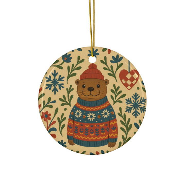 Rainbow Unicorn Birthday Surprise - Wholesale Ornament - Nordic Otter in Sweater & Beanie, Scandinavian Christmas Decor, Swedish Folk Art Holiday Gift, Ceramic Ornament