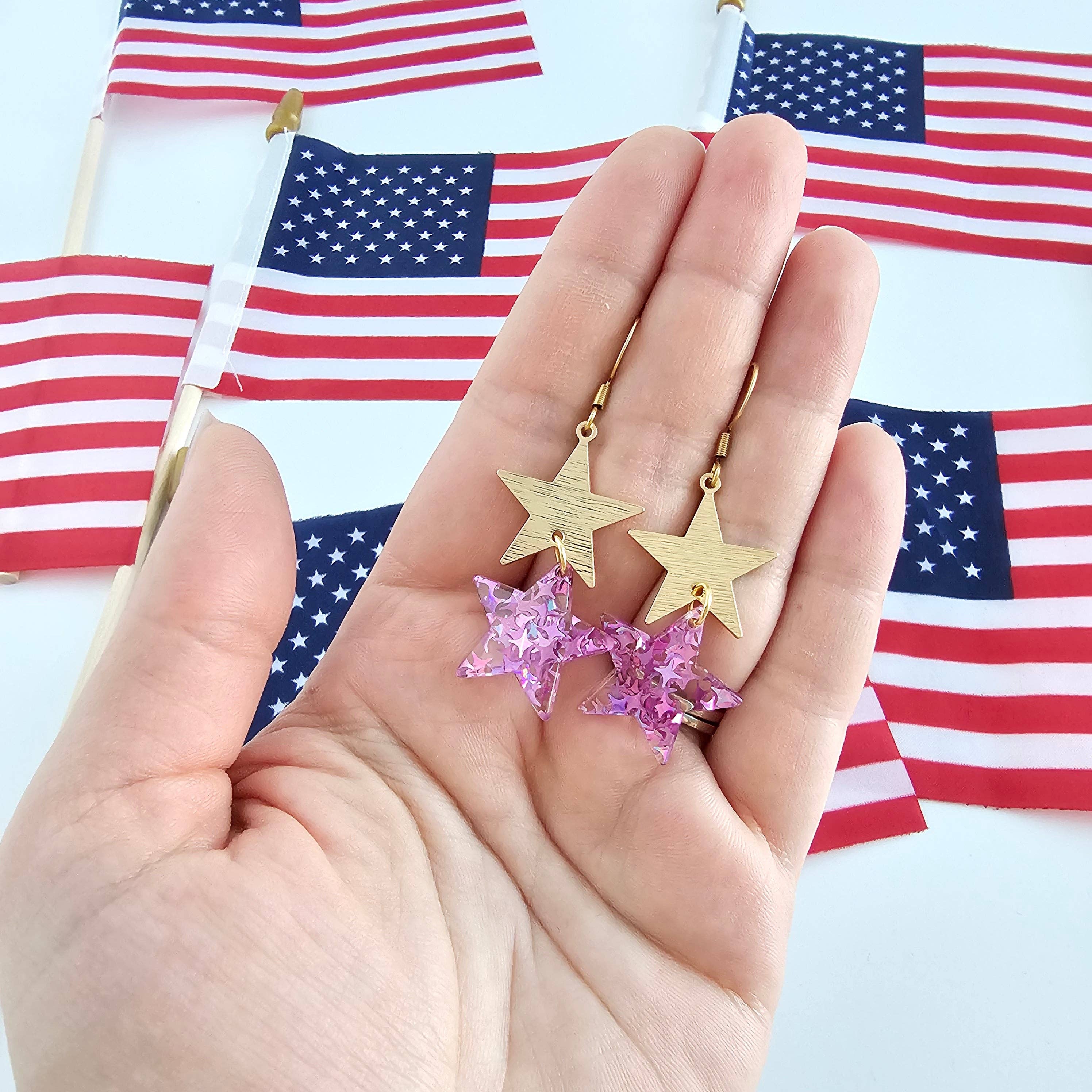 Spiffy & Splendid - Wholesale Hangende/ronde oorbellen - Oorbellen met sterren - roze glitter//4 juli Patriottisch10