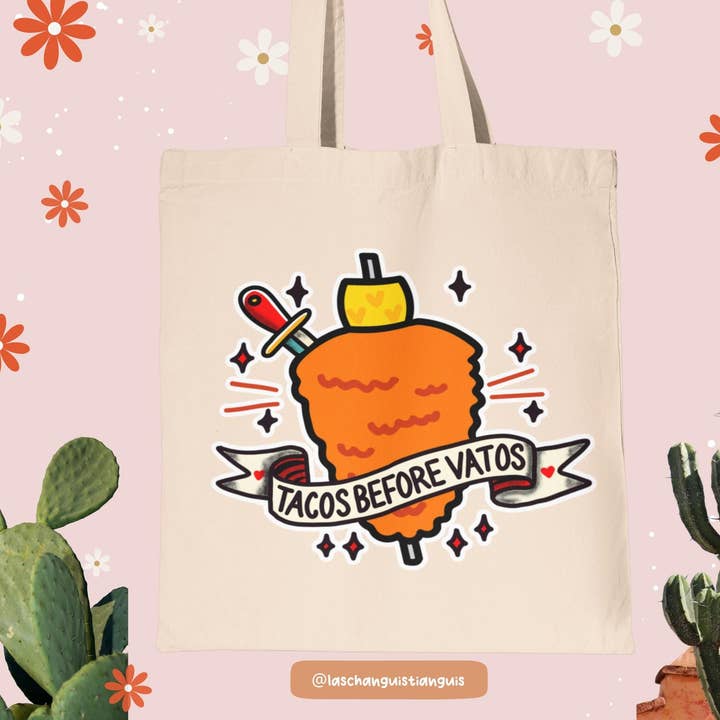Tacos Before Vatos Funny Taco Lover Canvas Tote Bag for wholesale by Las Changuis Tianguis