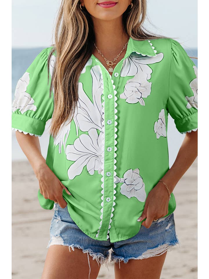 Aapparella - Vente Chemise à col boutonné – femme - Haut à boutons avec manches bouffantes et bordure en croquet floral | S-XL